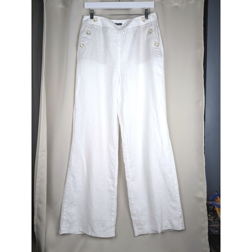 10 Linen White Wide Leg Pant Nautical Beach Bridal Button Lined Women 30" Inseam